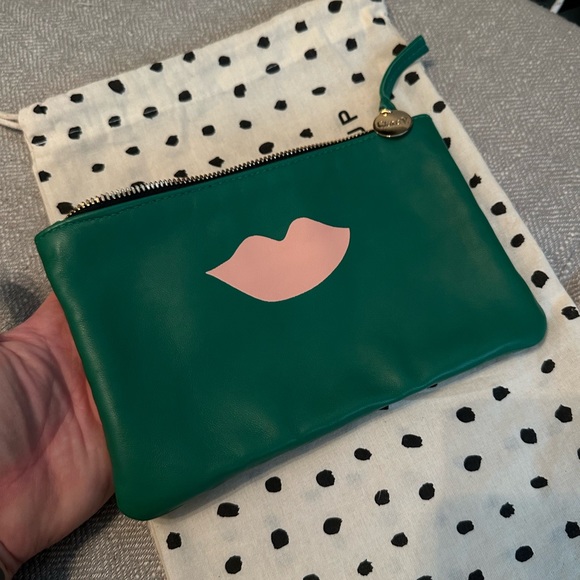 Clare V Emerald Green Wallet Clutch with Blush Lips, Monogrammed MV - Picture 2 of 9